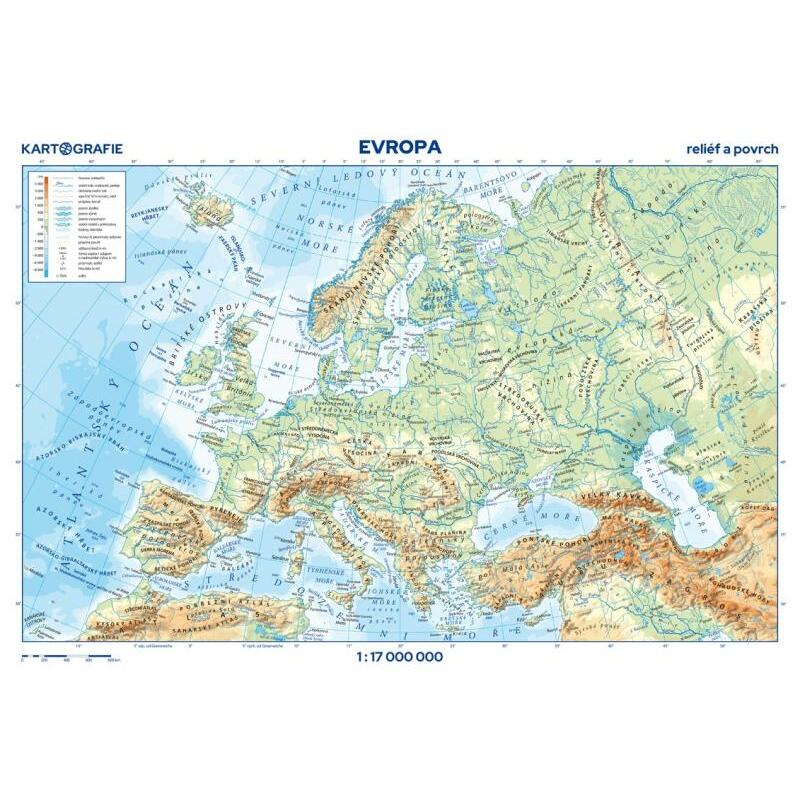 Evropa - reliéf a povrch 1:17 000 000 nástěnná mapa