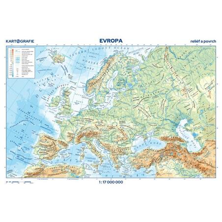 Evropa - reliéf a povrch 1:17 000 000 nástěnná mapa