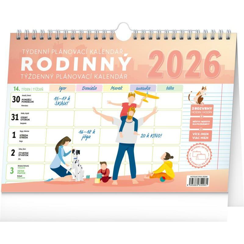 Kalendář 2026 Rodinný, plánovací, s háčkem, 30 x 21 cm
